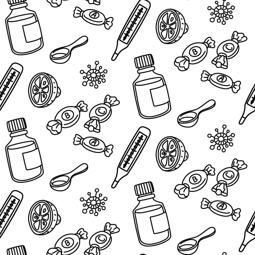 Seamless pattern with doodle elements for the treatment of flu and colds. Syrup, lemon, vitamins in sweets, thermometer, virus. A hand-drawn background for your design dedicated to healthcare vector