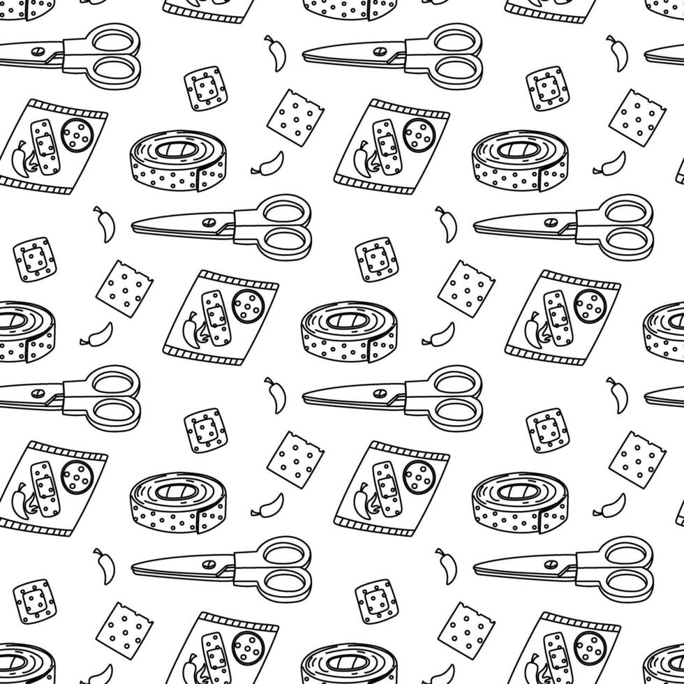 doodle patches pattern. scraps, a roll, piece, pack of adhesive tape, scissors. Elements with a breathable surface. an insulating strip to cover scratches. We cut off a strip of fabric with scissors vector
