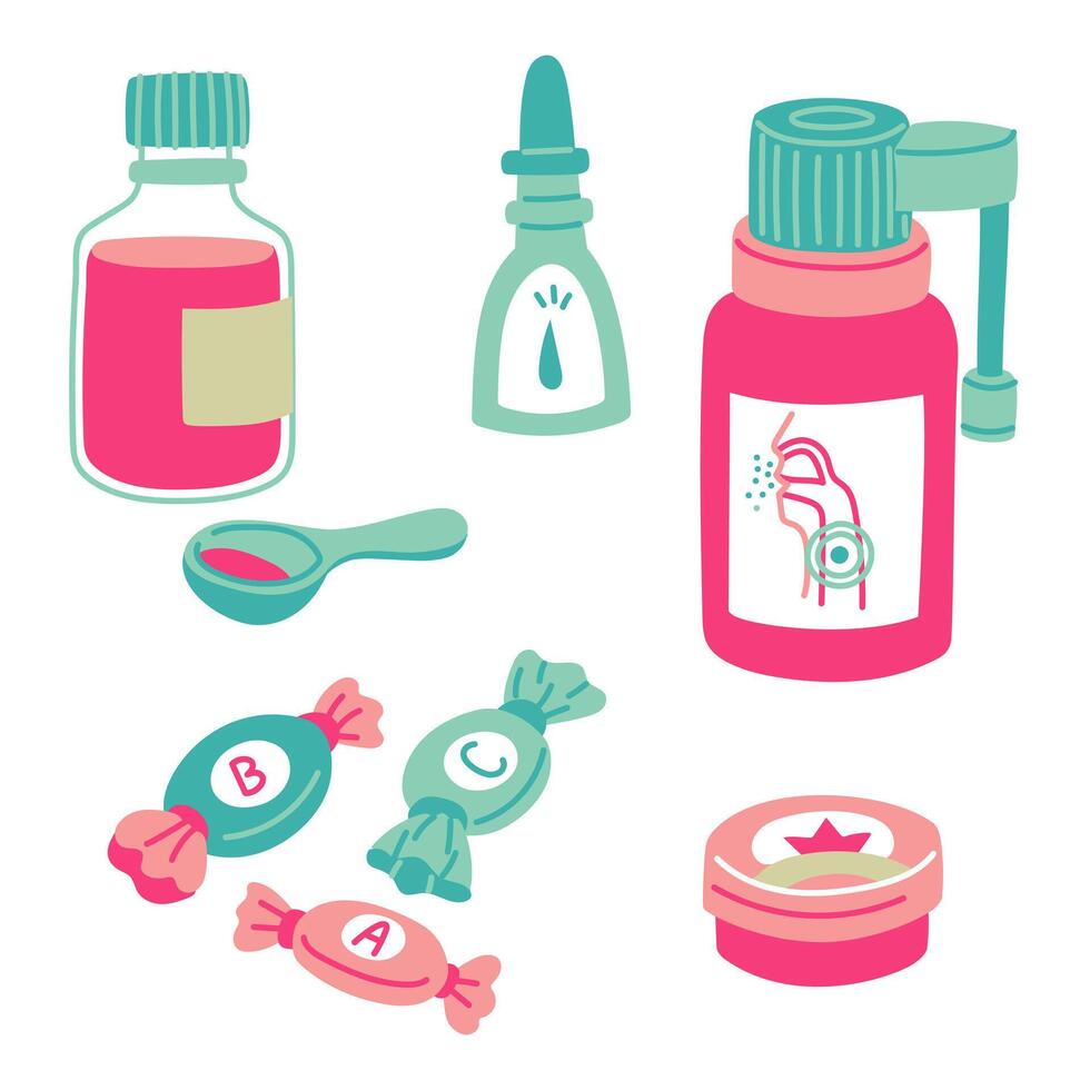 set of flat objects for the treatment of colds of different shapes in different containers. Nasal spray, throat spray, vitamins, cough syrup, mint ointment. Medical flat preparations. variety of items vector