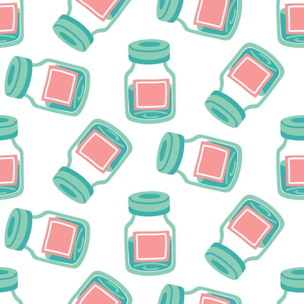 pattern of ampoules in a flat form, arranged in a row. Blue glass containers with liquid medicines for treatment. Medicines for injection. Elements of the medical in case of illness. seamless vector