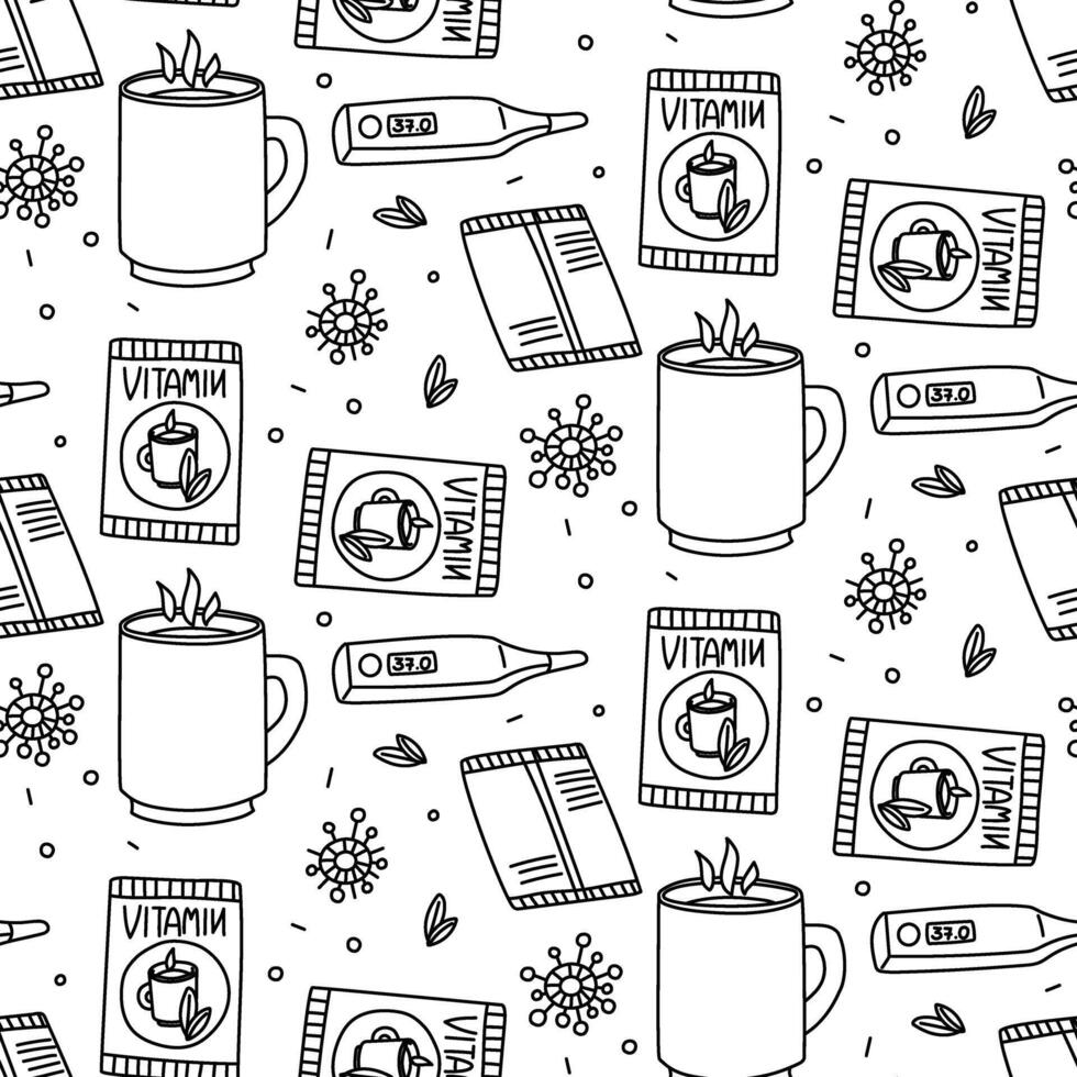 Seamless pattern with doodle elements for the treatment of flu and colds. Including mug with hot drink, powder in a bag, thermometer, virus. hand-drawn background for your design dedicated healthcare vector