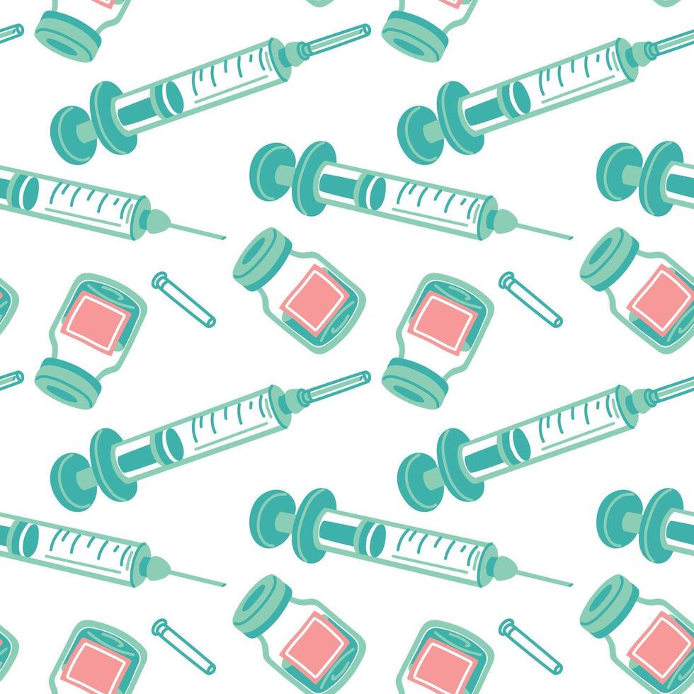 Injection pattern, an empty open syringe with an ampoule for injection. flat texture on medical topics. Seamless injection products in pink, blue colors. illustration design, abstract texture vector