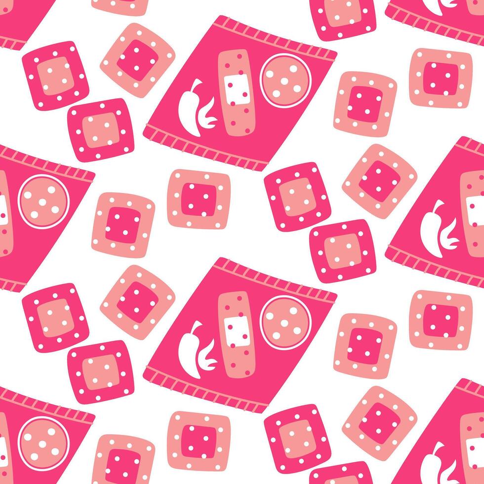 pattern of colored flat patches with pepper for warming up in case of a cold. Pink packaging with a breathable surface. Seamless texture of the flu strip. the packaging is made of warm fabric squares vector