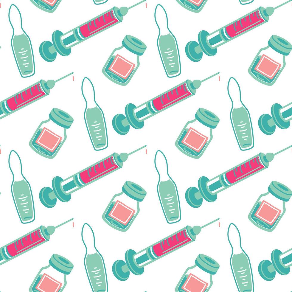 pattern of injections, syringe with different ampoules for injection. flat collection on medical topics. Seamless injection items in pink and blue colors. illustration design, abstract texture vector