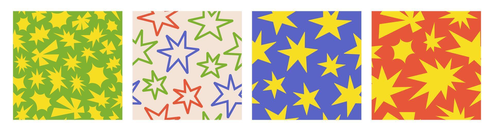 Set seamless patterns with simple groovy stars. Colorful kids print, printable childish texture for wallpaper, fabric, textile, wrapping paper. vector