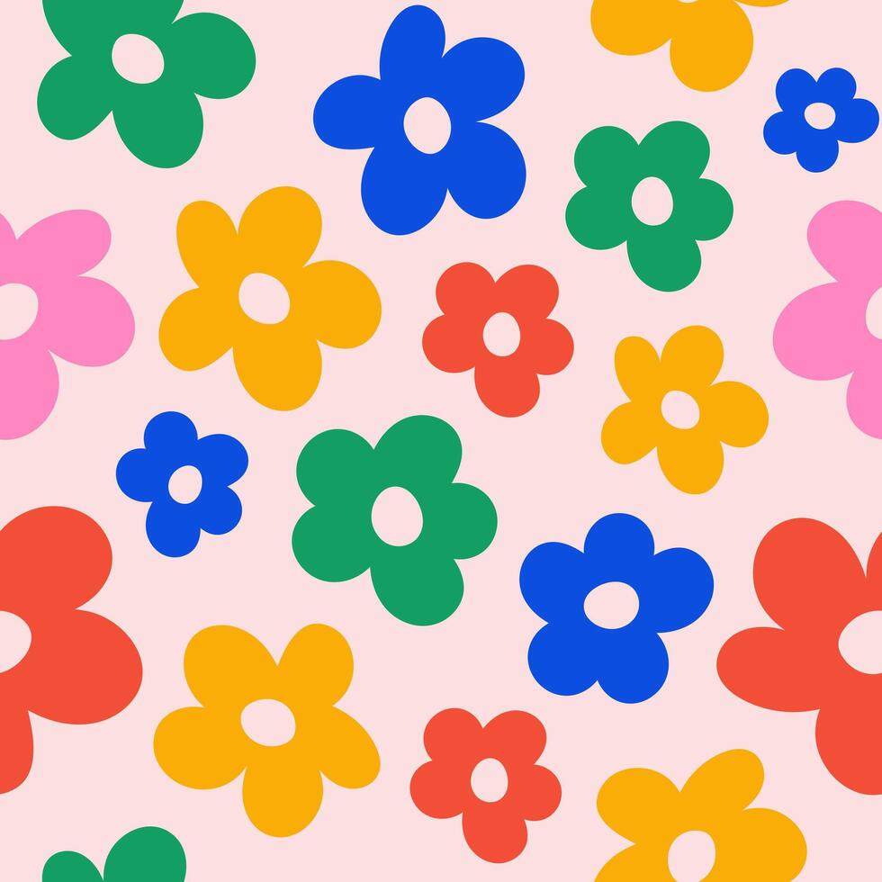 Abstract floral seamless pattern with cute colorful groovy flowers. vector