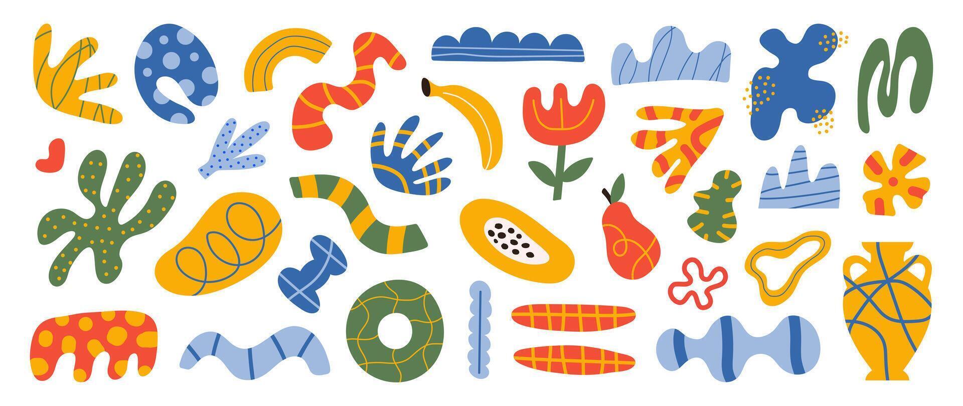 Abstract set natural organic shapes on a white background. Trendy doodle bundle with summer hand drawn plant leaf, fruit and tropical shapes vector