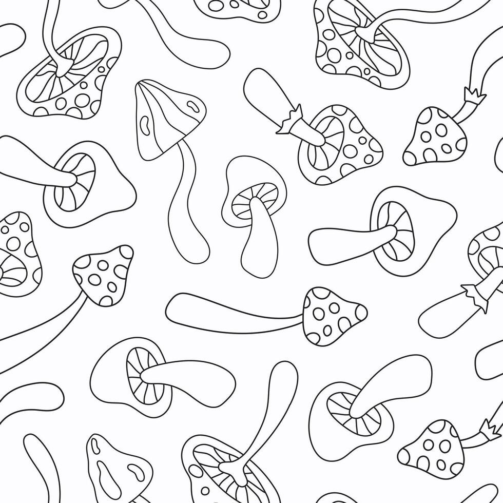 Floral linear seamless pattern with cute mushrooms on a white background. Groovy retro vintage minimal print in style 70s, 80s vector