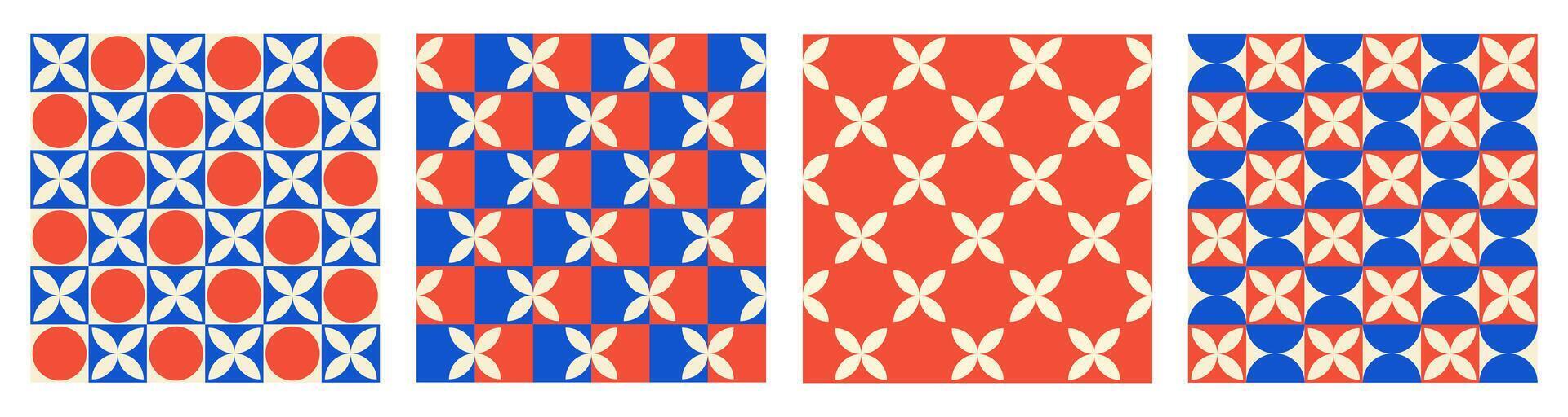 Trendy set retro geometric seamless patterns with colorful semicircles, flowers and squares. Modern abstract background. Red, beige and blue colors vector
