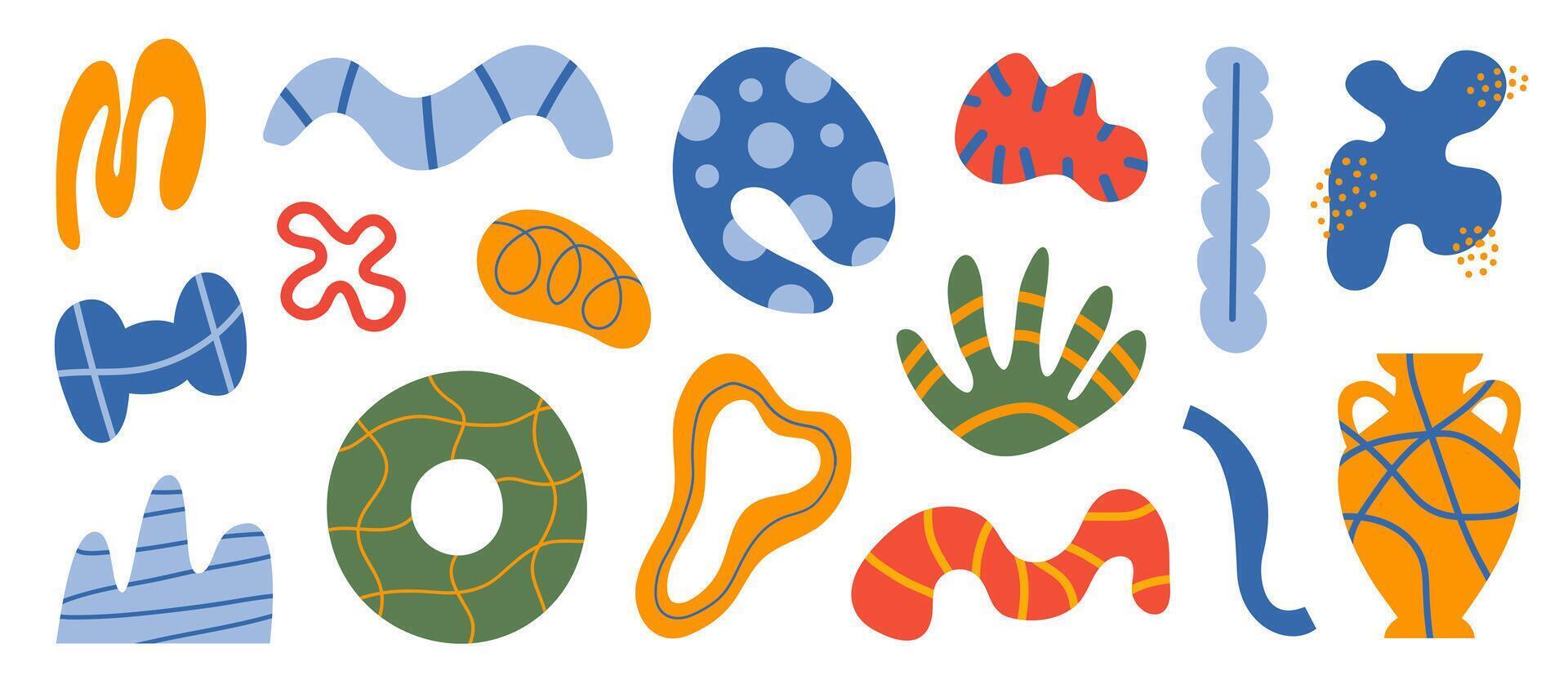 Abstract set natural organic shapes on a white background. Trendy doodle bundle with summer hand drawn plant leaf and tropical shapes vector