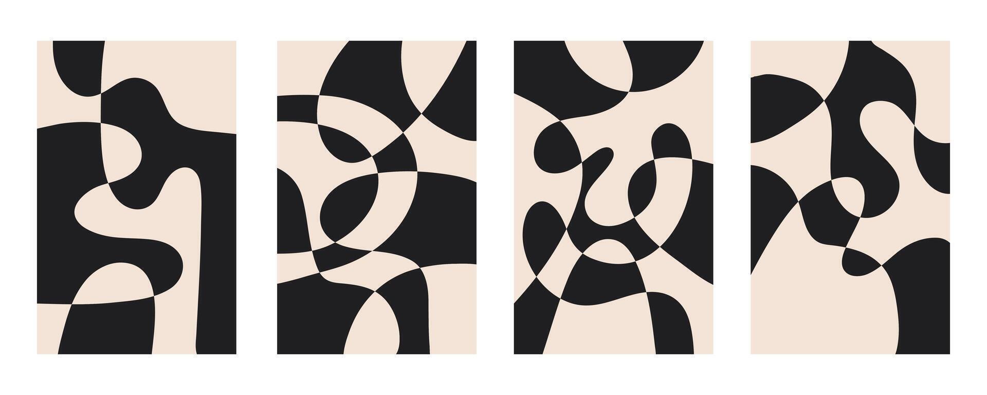 Set of abstract vertical backgrounds with colorful waves. Trendy illustration in style retro 60s, 70s. Black and beige colors vector