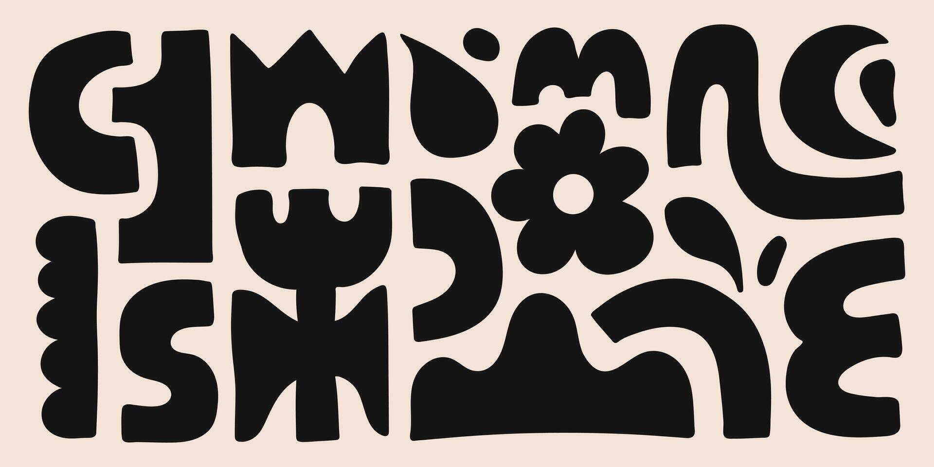 Abstract organic shapes with black geometric cutting doodles. Trendy random figures isolated on a beige background. vector