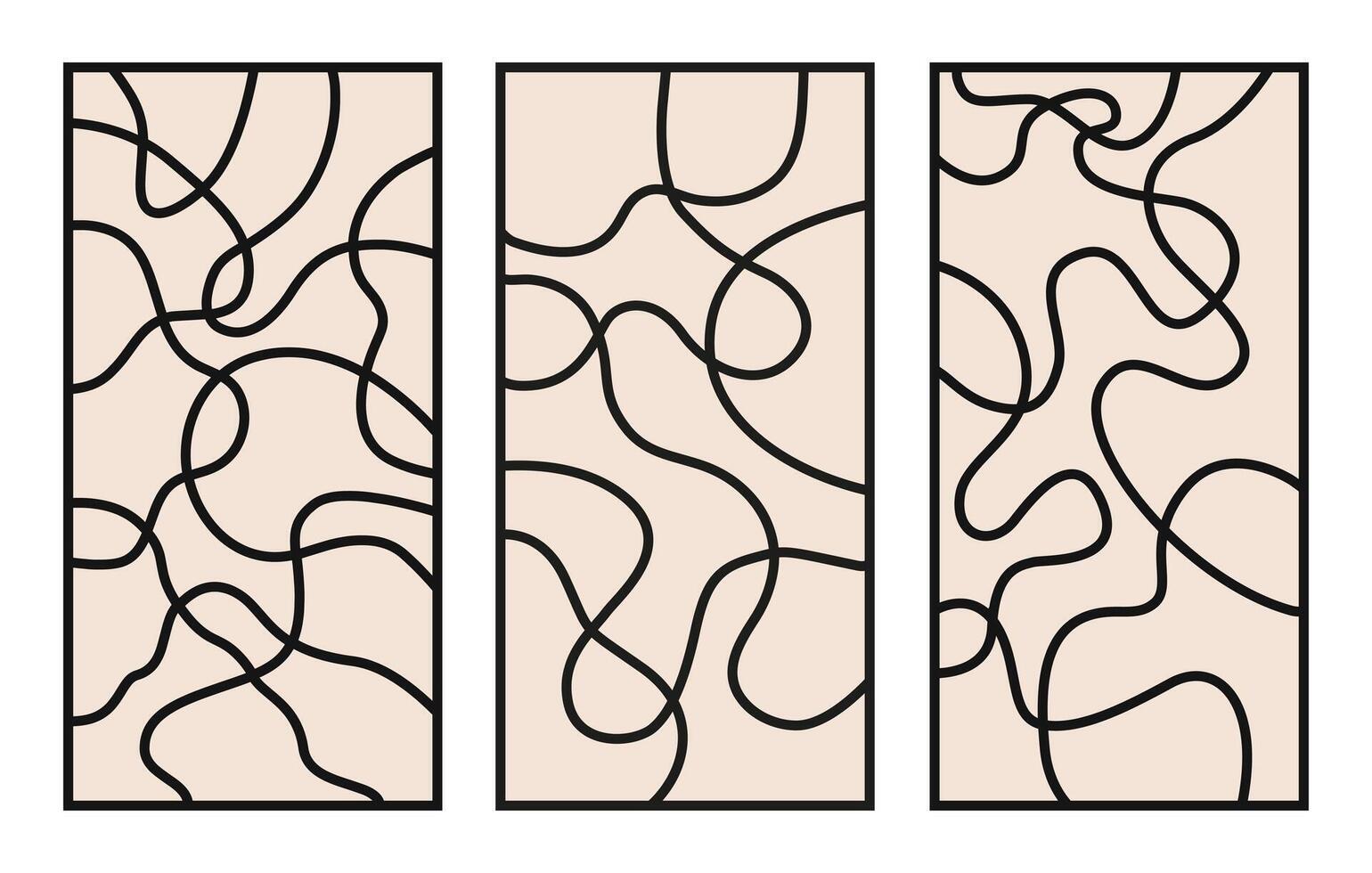 Set of abstract vertical backgrounds with black linear waves on a beige background. Trendy illustration in style retro 60s, 70s. vector
