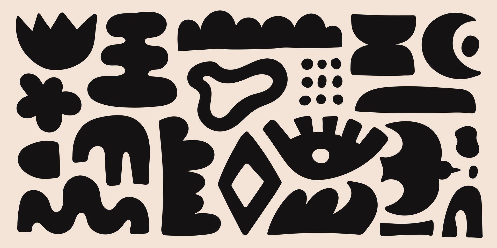 Abstract organic shapes with black geometric cutting doodles. Trendy random figures isolated on a beige background vector