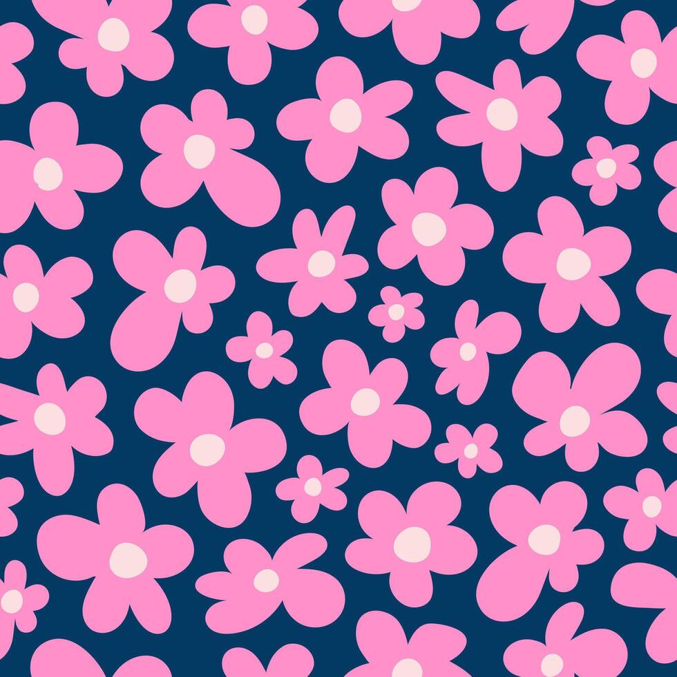 Abstract floral seamless pattern with cute pink groovy flowers on a blue background vector