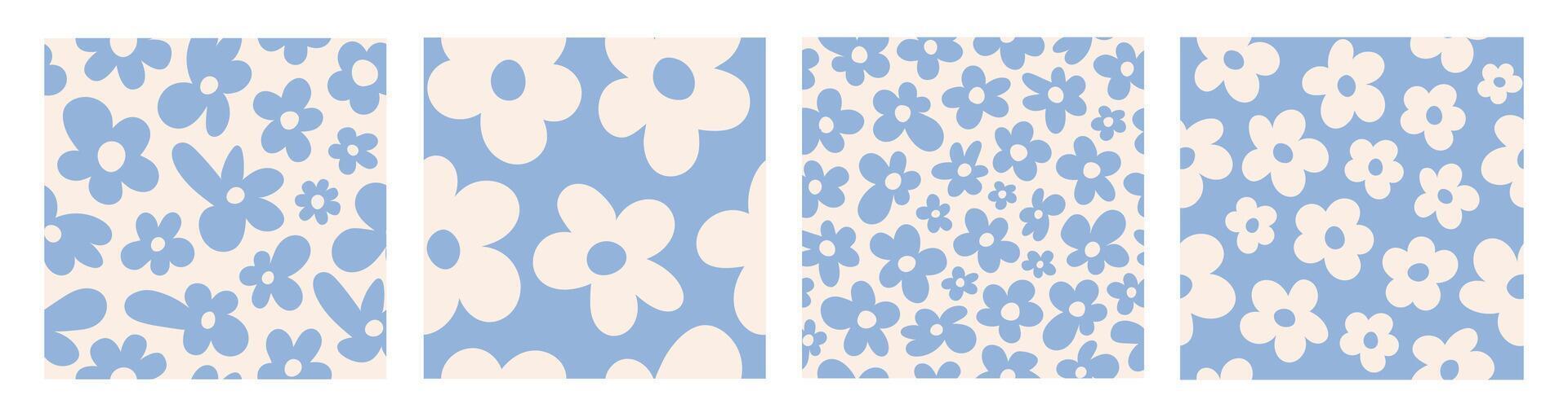 Set seamless patterns with blue groovy daisy flowers on a beige background. Pastel colors vector