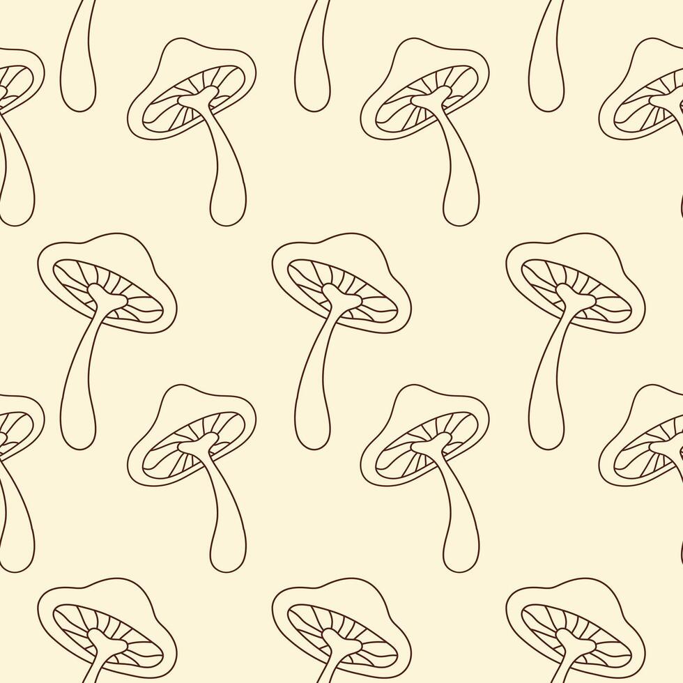 Floral linear seamless pattern with cute mushrooms on a beige background. Groovy retro vintage minimal print in style 70s, 80s vector