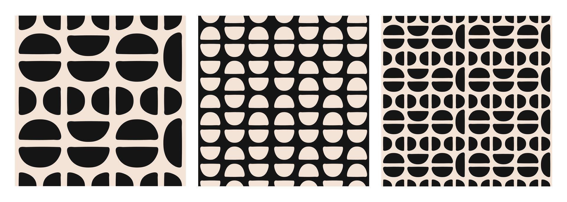 Modern set of abstract geometric seamless patterns with semi circles and circles. Black and white colors vector