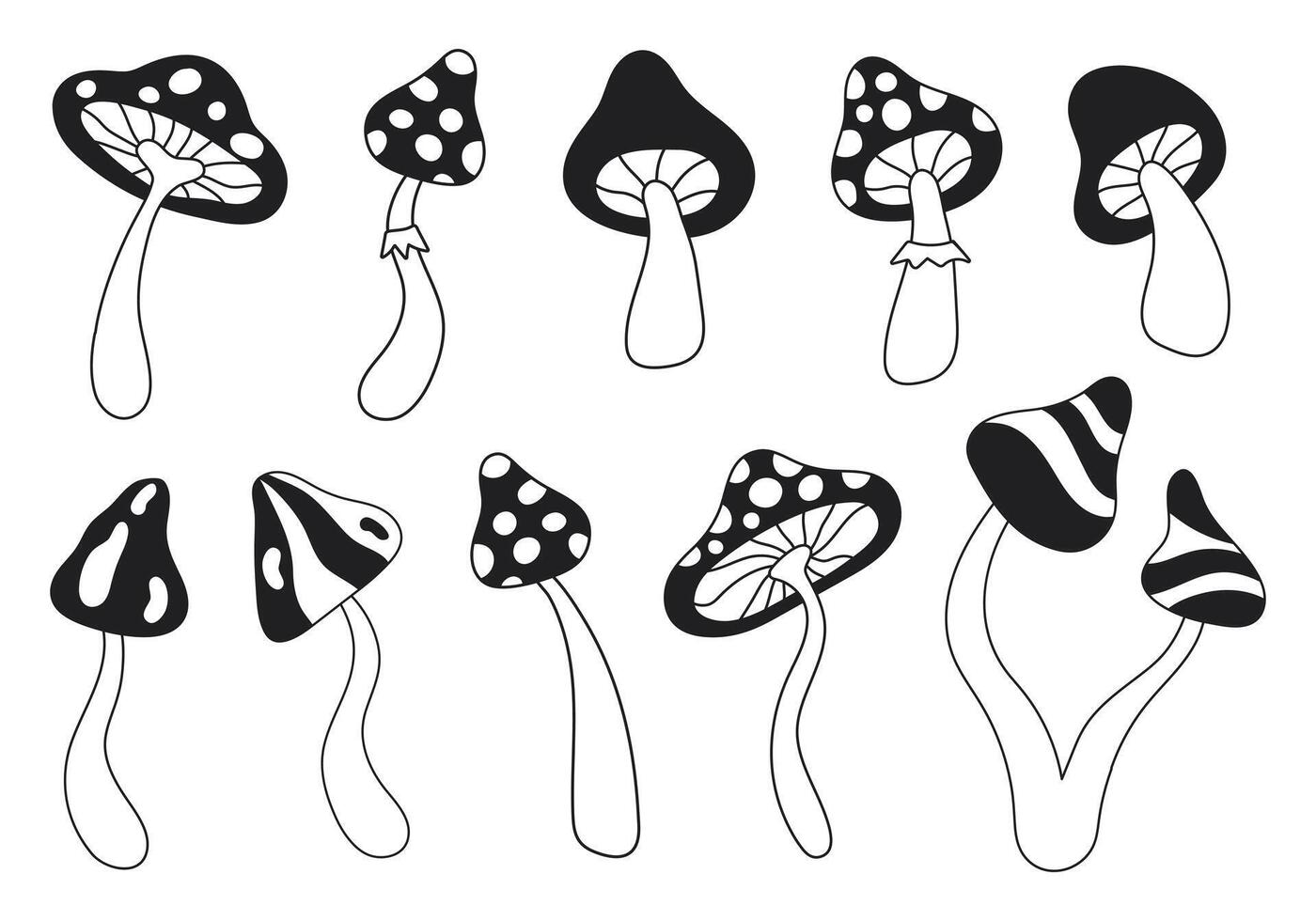 Retro set groovy linear mushrooms isolated on white background. Trendy hippie illustration in style 60s, 70s vector