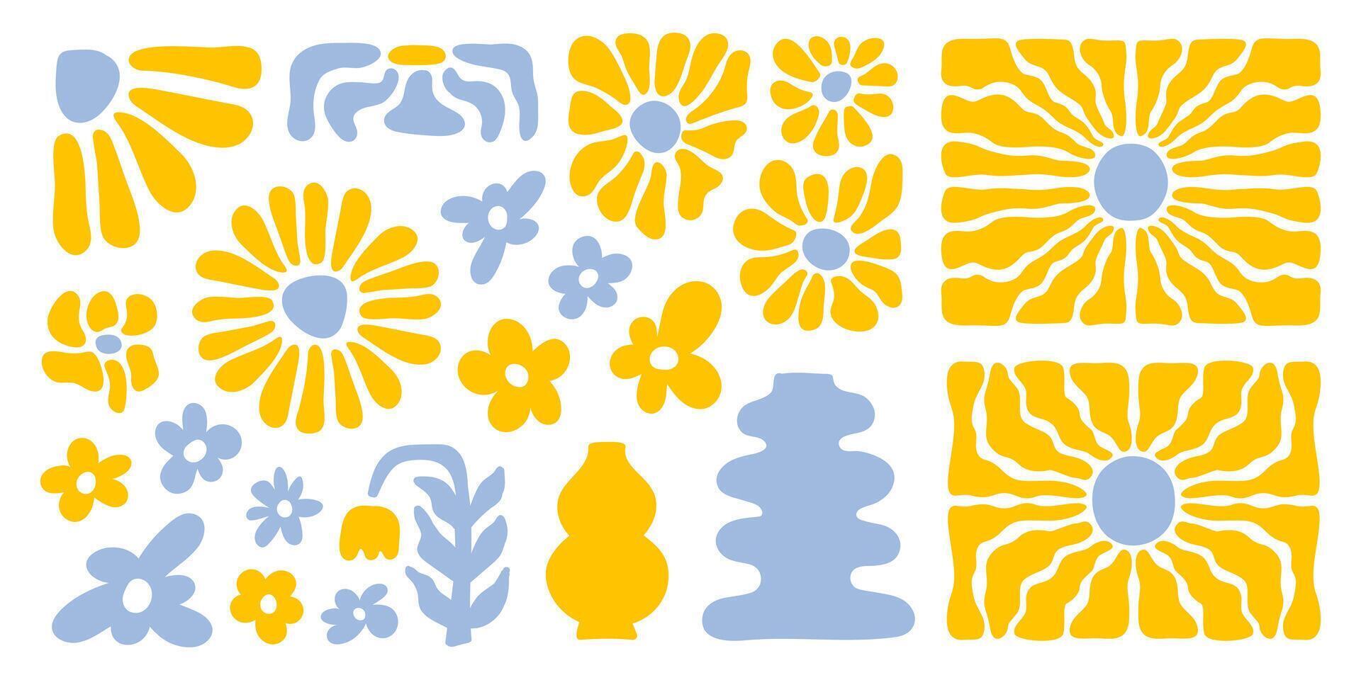 Groovy abstract floral set. Organic doodle shapes isolated on a white background. Trendy retro naive art set. Blue and yellow colors. vector