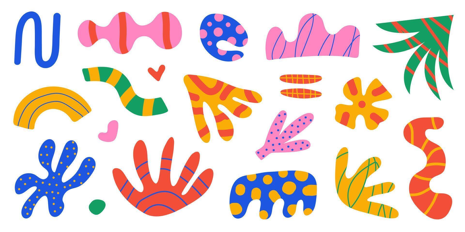 Abstract set natural organic shapes on a white background. Trendy doodle bundle with summer hand drawn plant leaf and tropical shapes vector