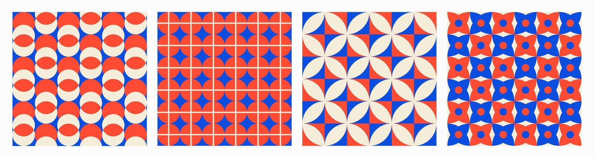 Trendy aesthetic retro set geometric seamless patterns. Modern abstract background. Blue and red colors vector