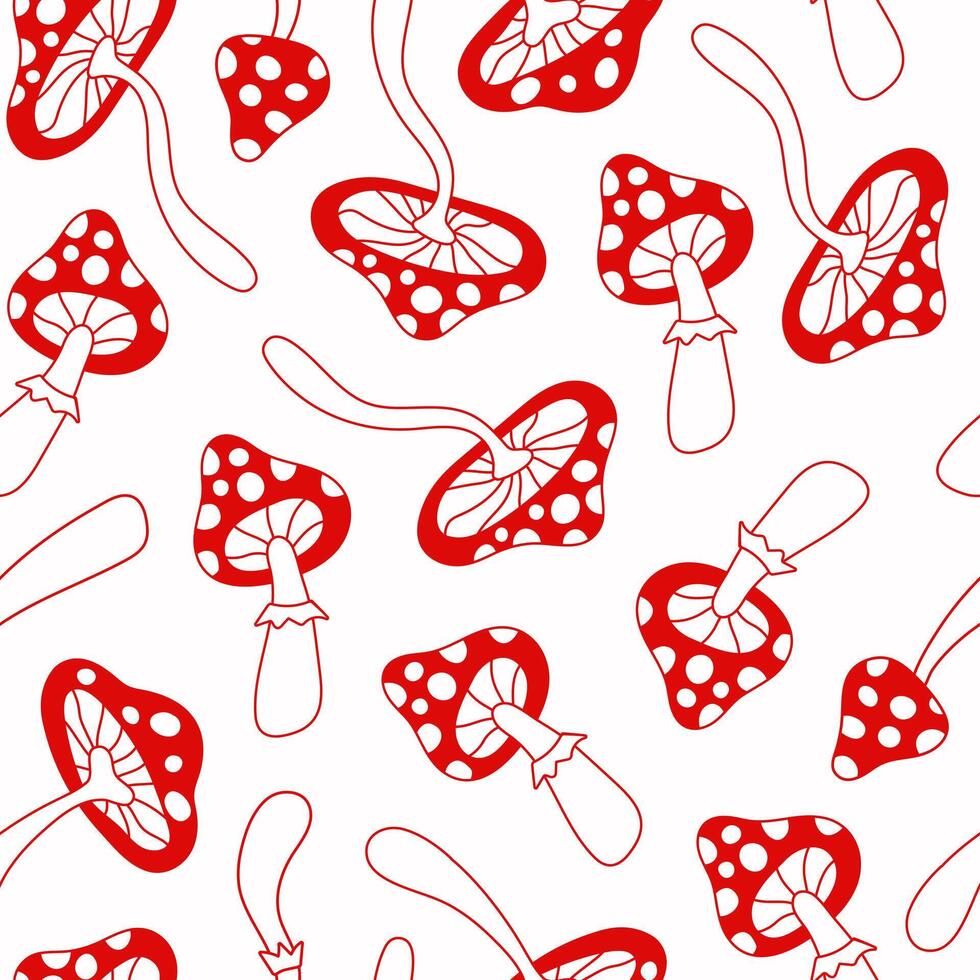 Floral linear seamless pattern with cute red mushrooms on a white background. Groovy retro vintage minimal print in style 70s, 80s. vector
