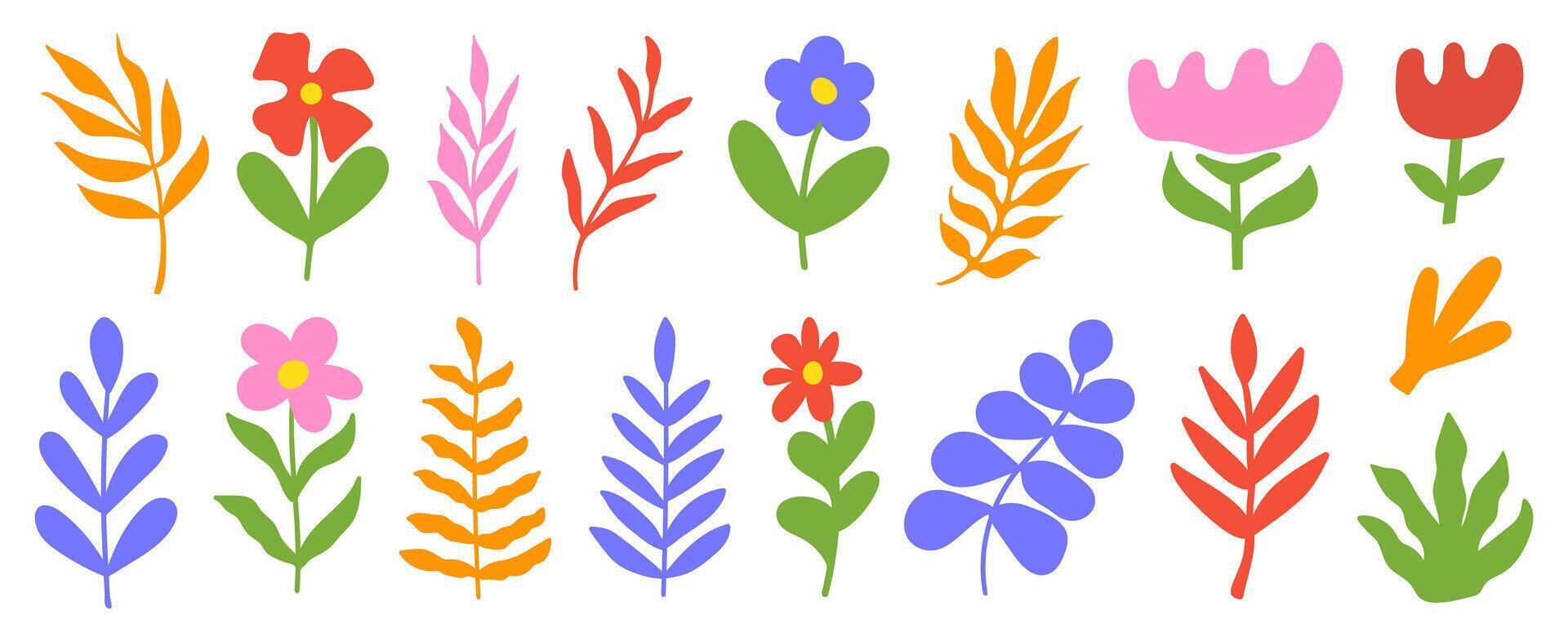 Floral set of abstract organic shapes on a white background. Cute hippie groovy flowers and leaves. vector