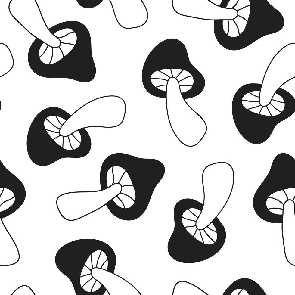 Floral linear seamless pattern with cute mushrooms on a white background. Groovy retro vintage minimal print vector