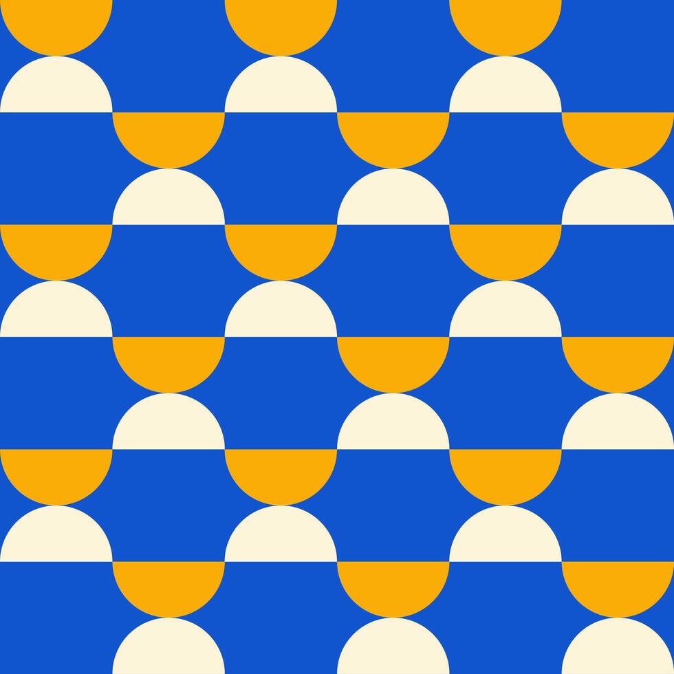 Trendy retro geometric seamless pattern with colorful semicircles on a blue background. Modern minimal abstract background. Blue, beige and yellow colors. vector
