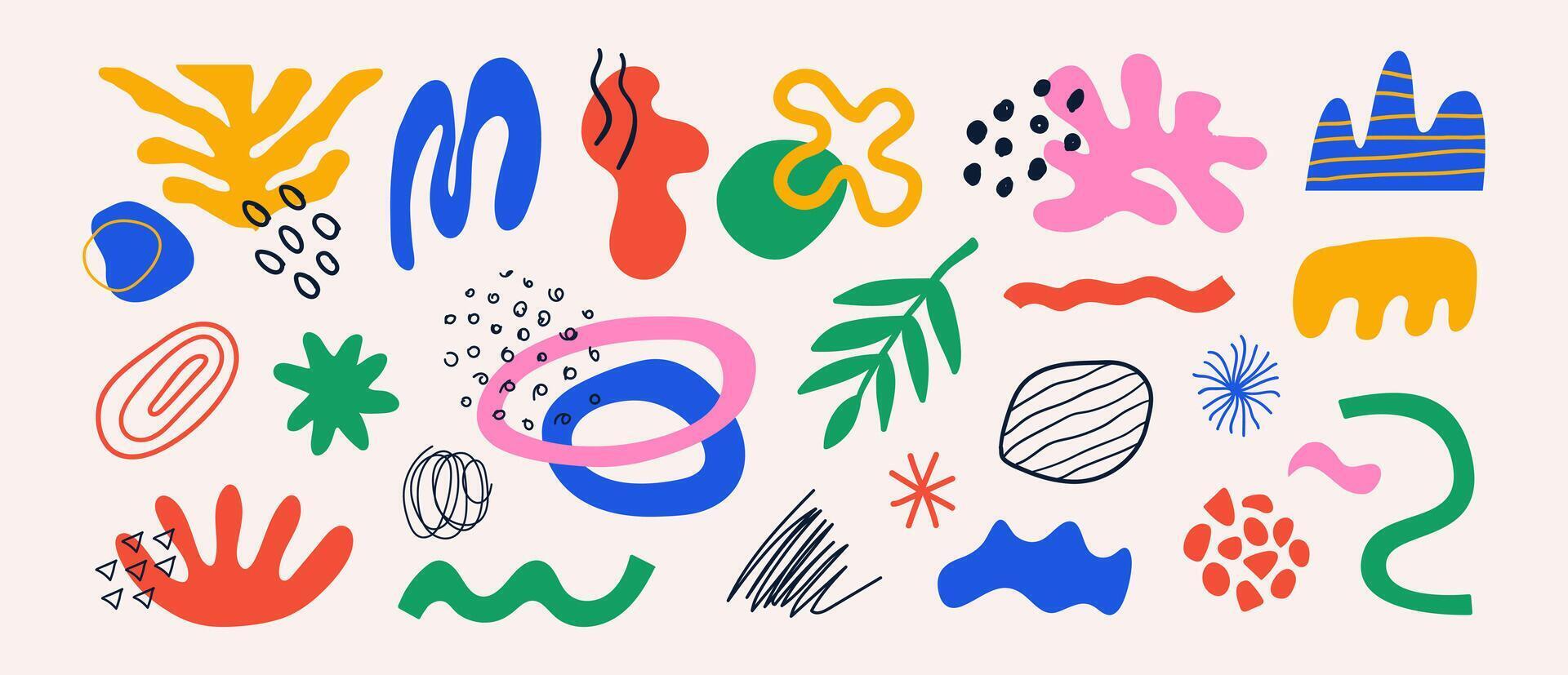 Abstract set natural organic shapes on a white background. Trendy doodle bundle with summer hand drawn plant leaf and tropical shapes vector