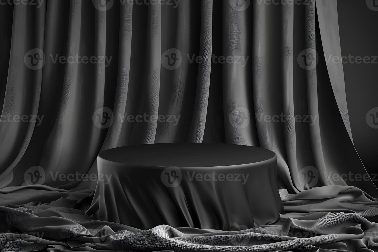 Black Fabric Draped Round Podium, Elegant Display Background photo