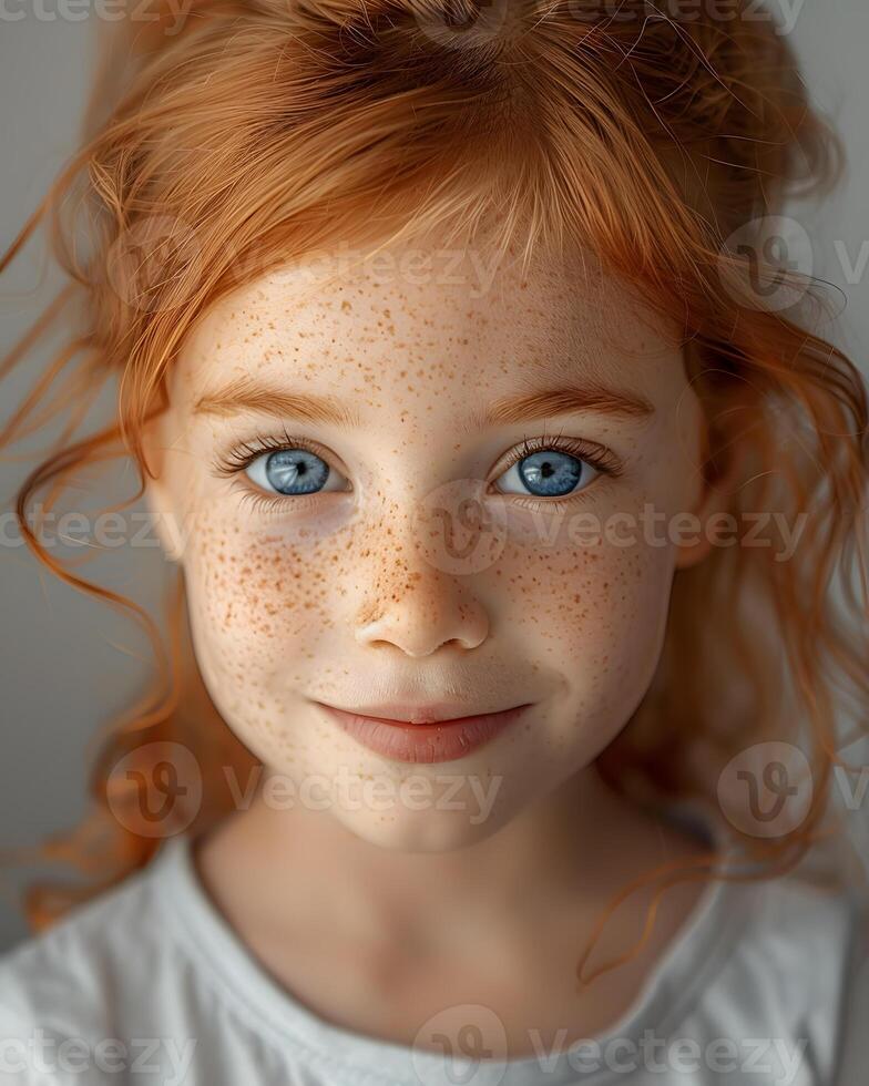 Redhaired girl with blue eyes and a big smile, showing her cheek and chin photo