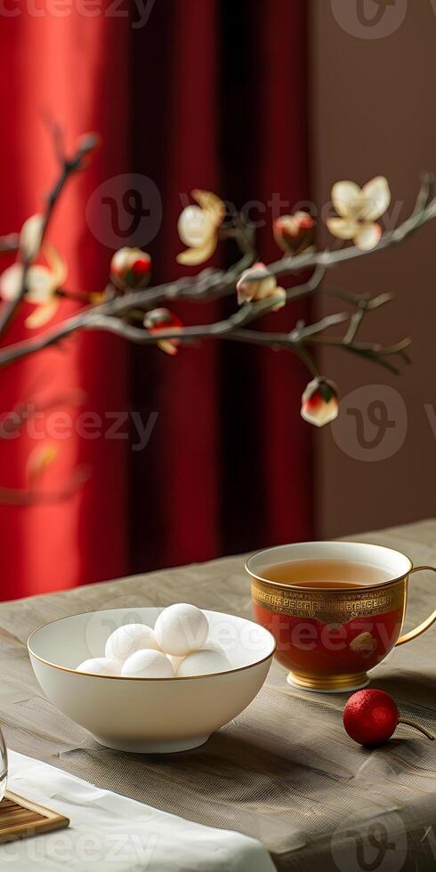 A bowl of rice balls and a cup of tea are placed on a table photo