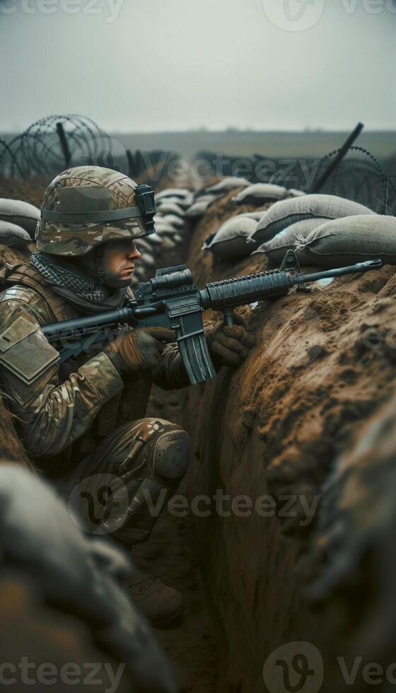 Soldier With Machine Gun in Trench photo