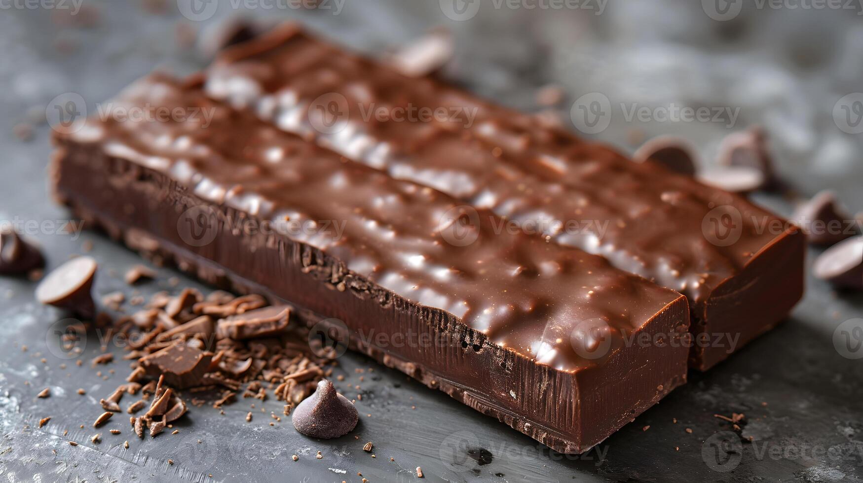 Closeup of a chocolate bar with chocolate chips on a wooden table photo