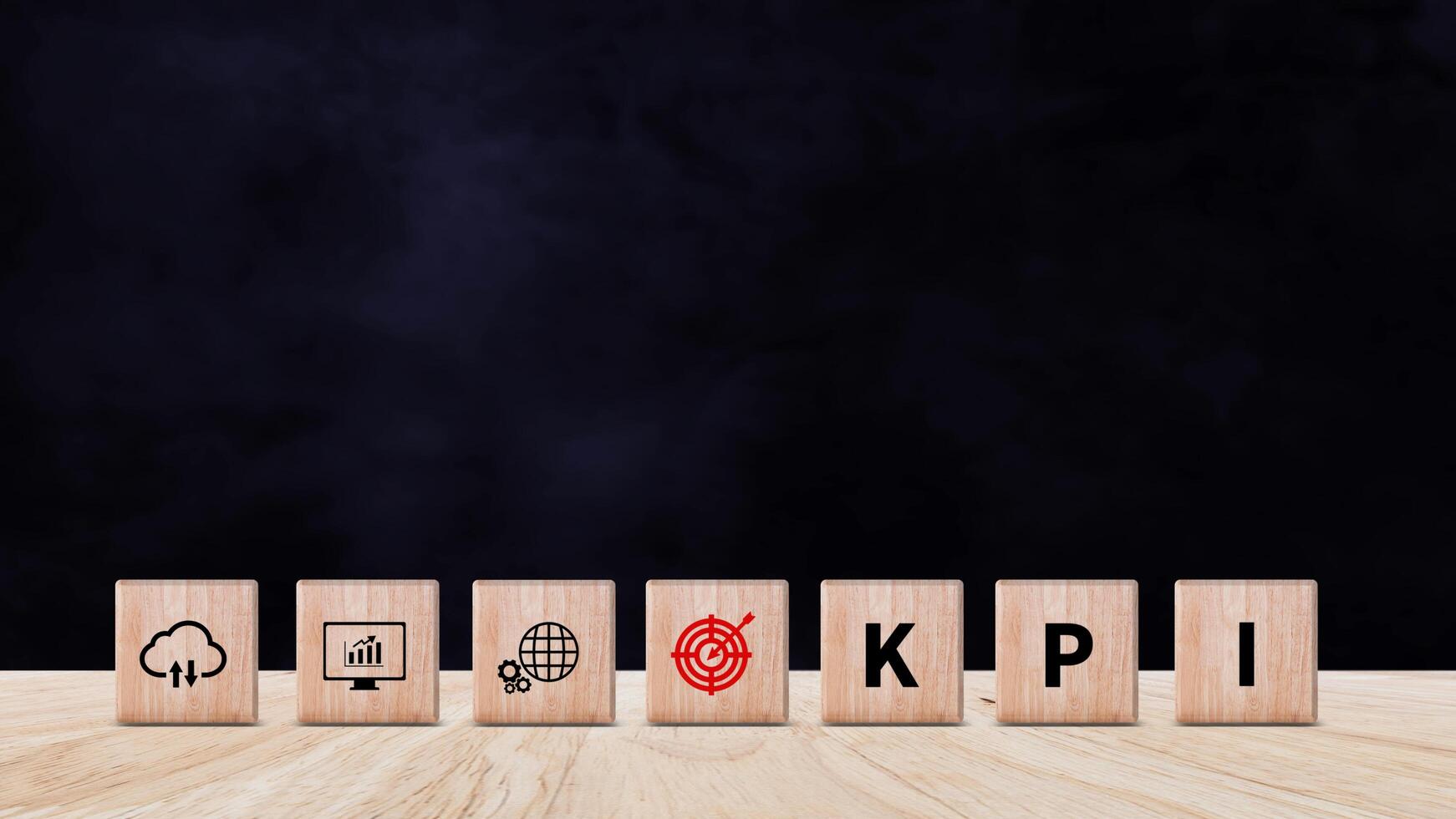 KPI text in wooden cube, Key Performance Indicator concept, Management data System KPI connected database follow earnings, Financial business data analytics graph dashboard. photo