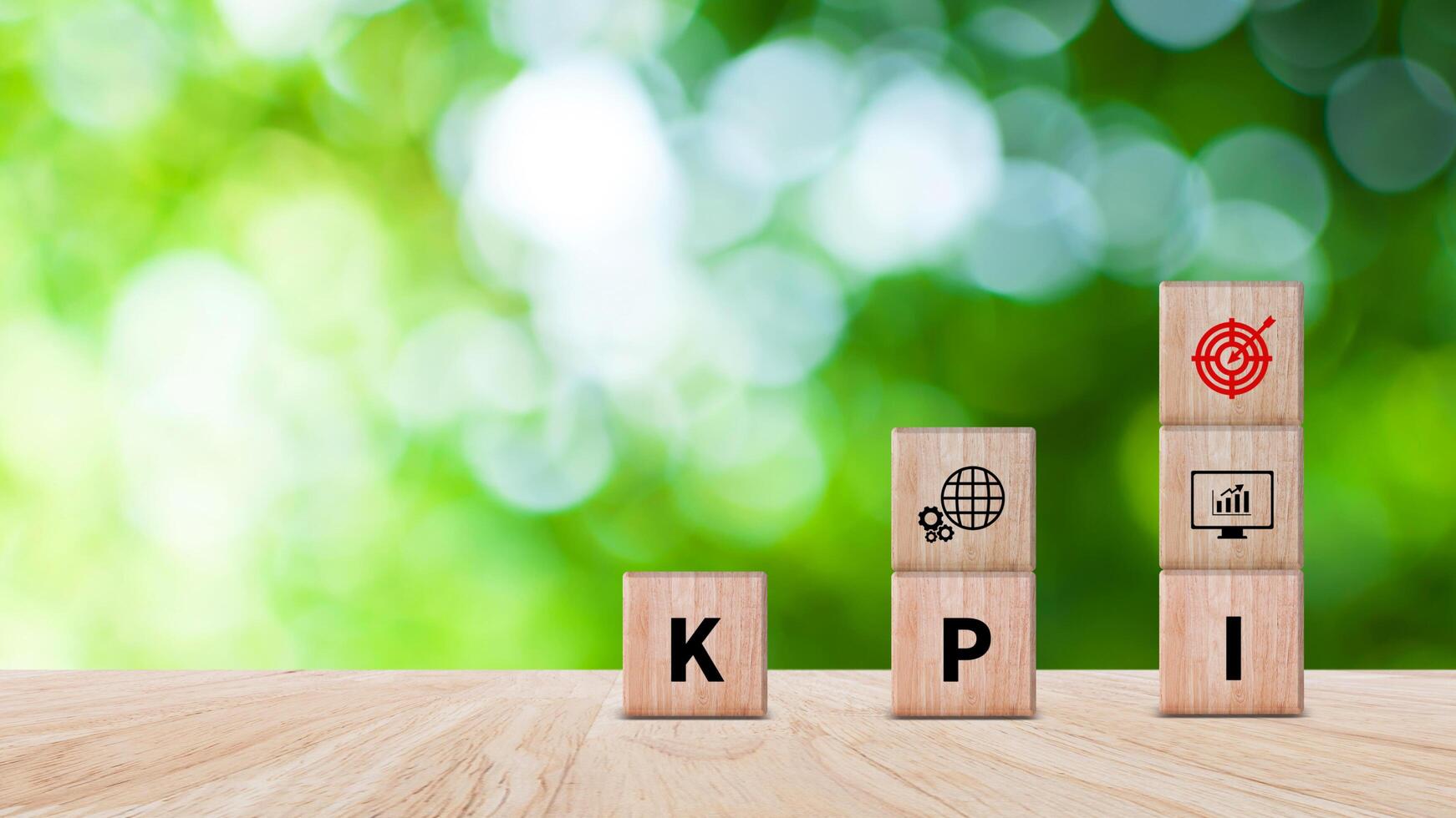 KPI text in wooden cube, Key Performance Indicator concept, Management data System KPI connected database follow earnings, Financial business data analytics graph dashboard. photo