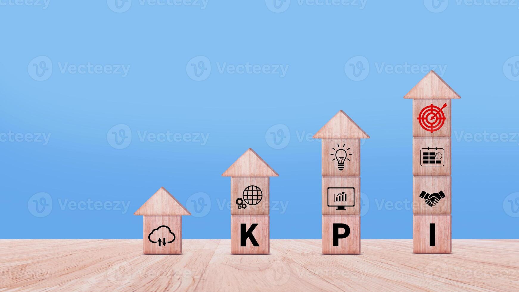 KPI text in wooden cube, Key Performance Indicator concept, Management data System KPI connected database follow earnings, Financial business data analytics graph dashboard. photo