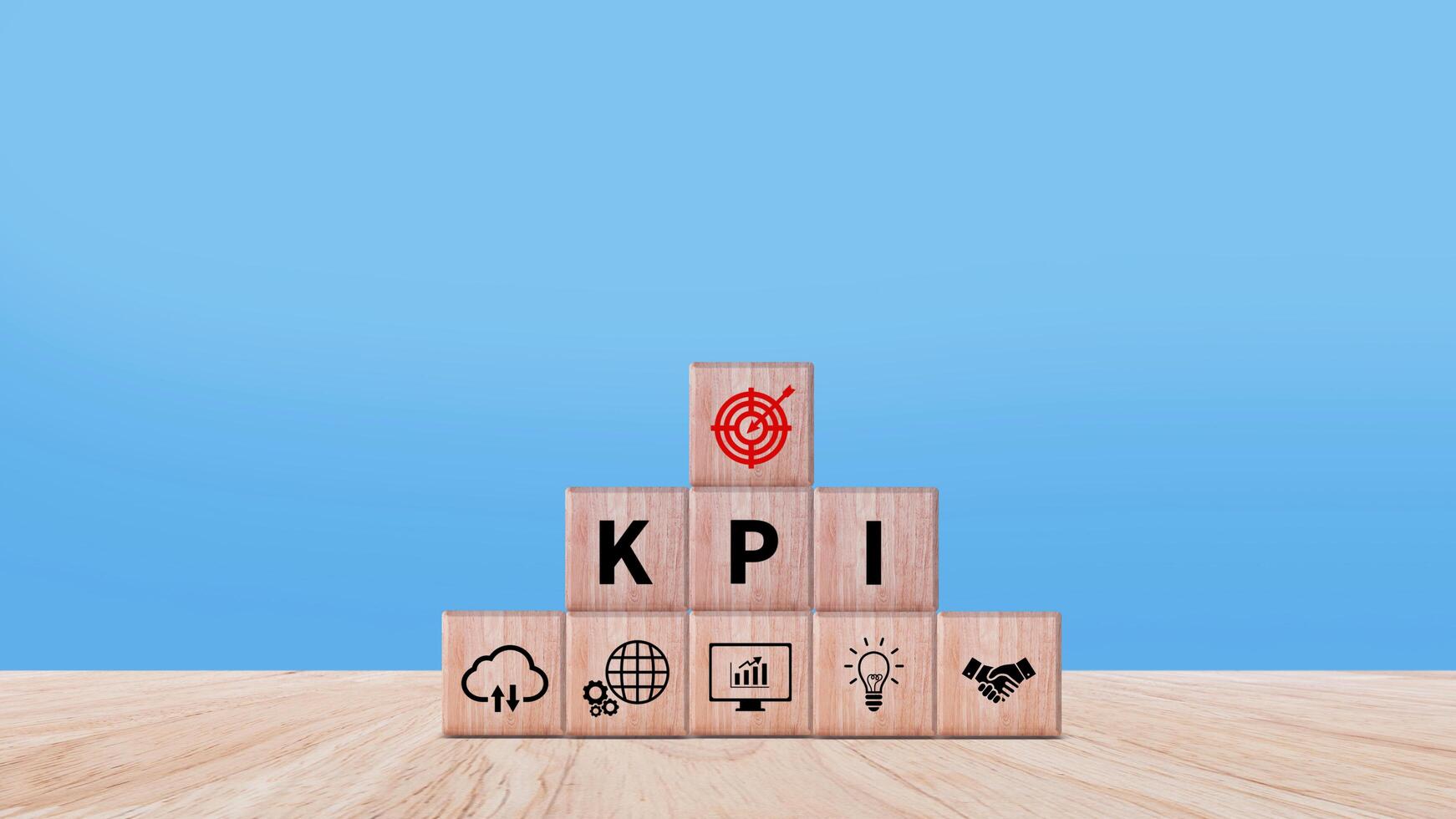 KPI text in wooden cube, Key Performance Indicator concept, Management data System KPI connected database follow earnings, Financial business data analytics graph dashboard. photo