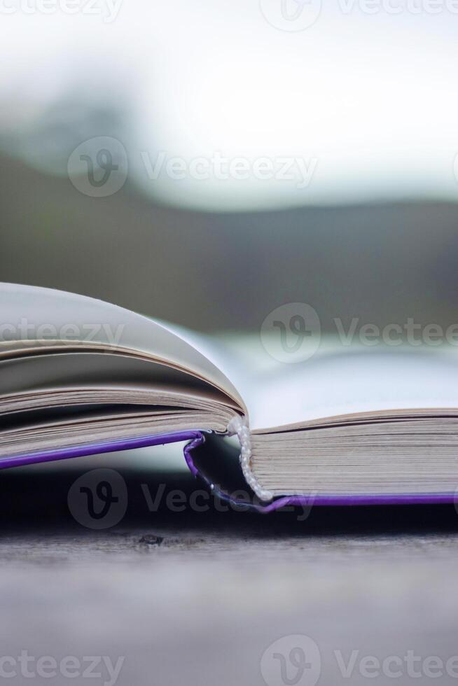Open book with pages flipping in the wind. Reading on the lake wooden dock on autumn day. Learning enjoying tranquility of nature. Peaceful outdoor environment. Selective focus. Blurred background. photo