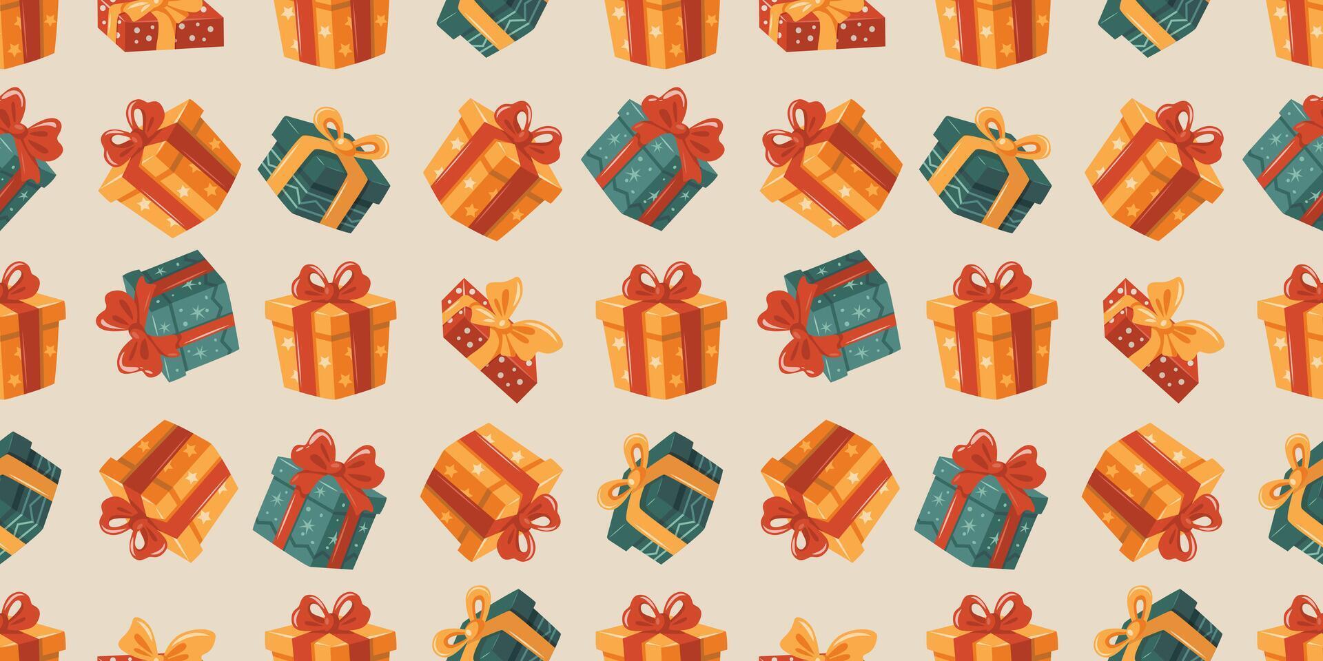 Seamless pattern of gift boxes with bows. Gifts of different sizes and colors, including green and yellow. . vector