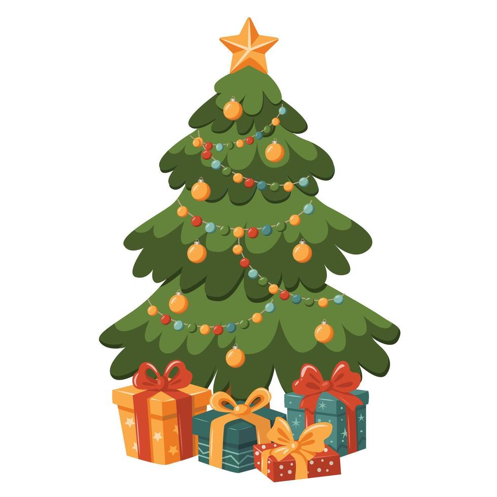 A Christmas tree with a star on top and presents underneath. The tree is decorated with garlands and toys vector