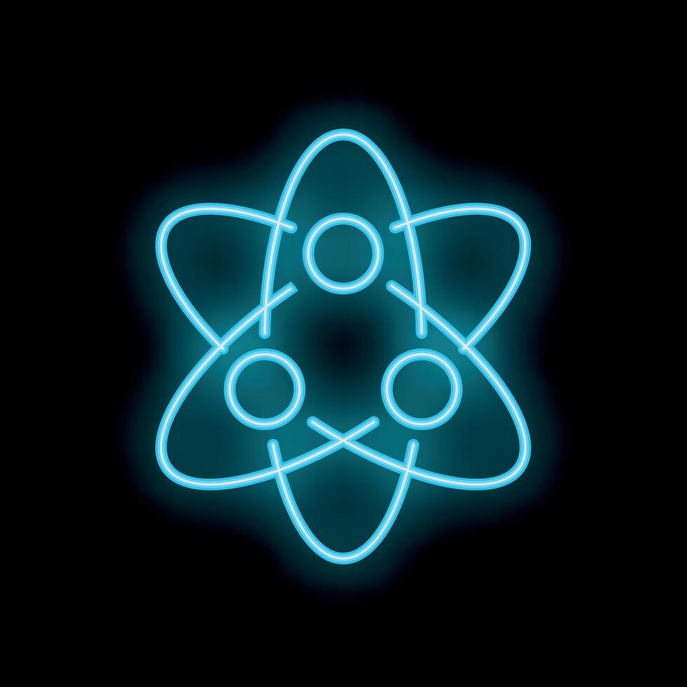 Neon blue atom icon glowing on black background vector