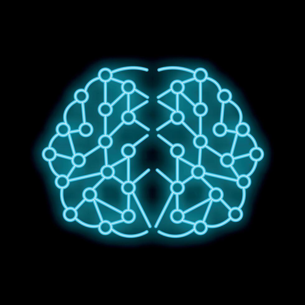 Neon blue artificial intelligence brain showing neural network on black background vector