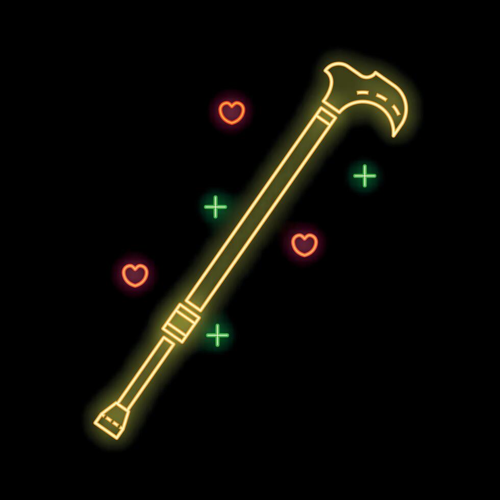 Glowing neon line walking stick cane icon isolated on black background with heart signs vector