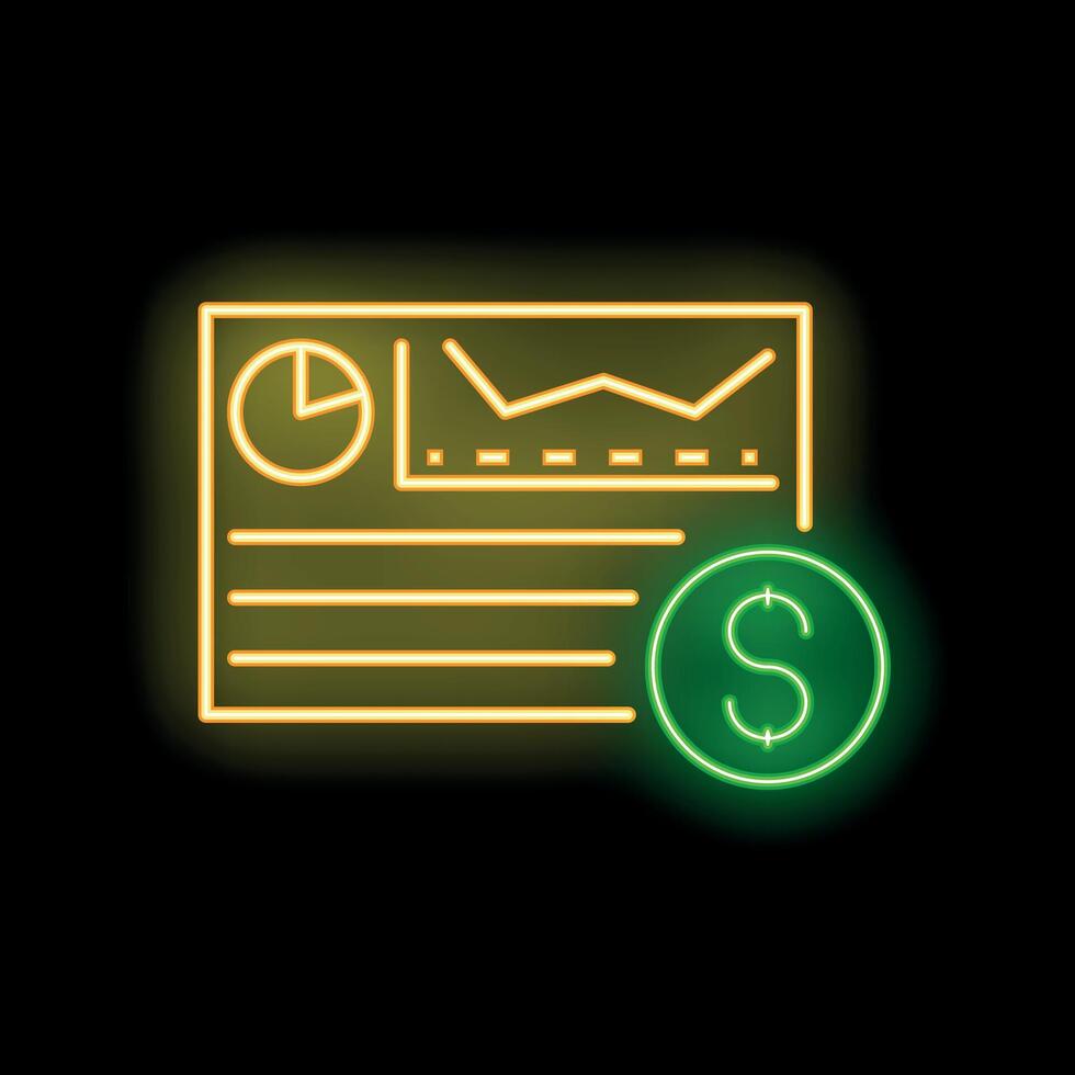 Neon icon of financial report with charts, graphs, and dollar sign vector