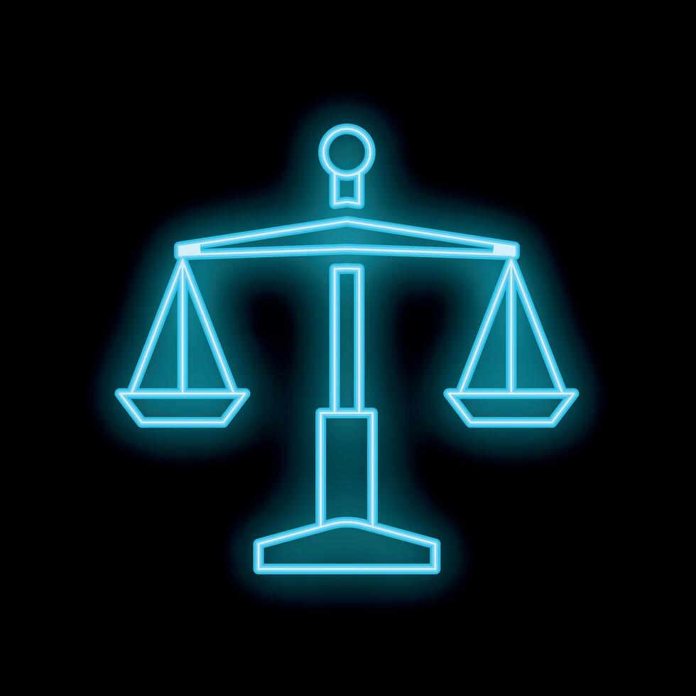 Neon blue scales of justice glowing on black background vector