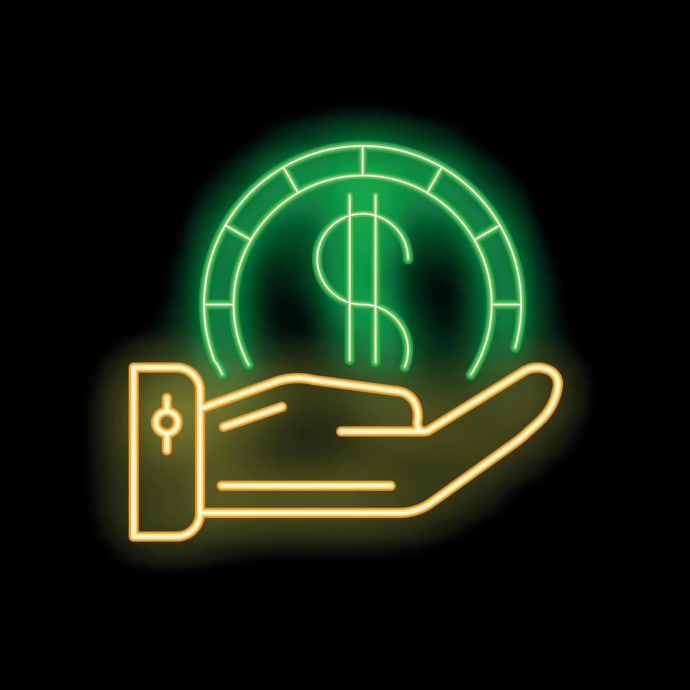 Neon icon of businessman hand holding dollar coin, finance concept vector