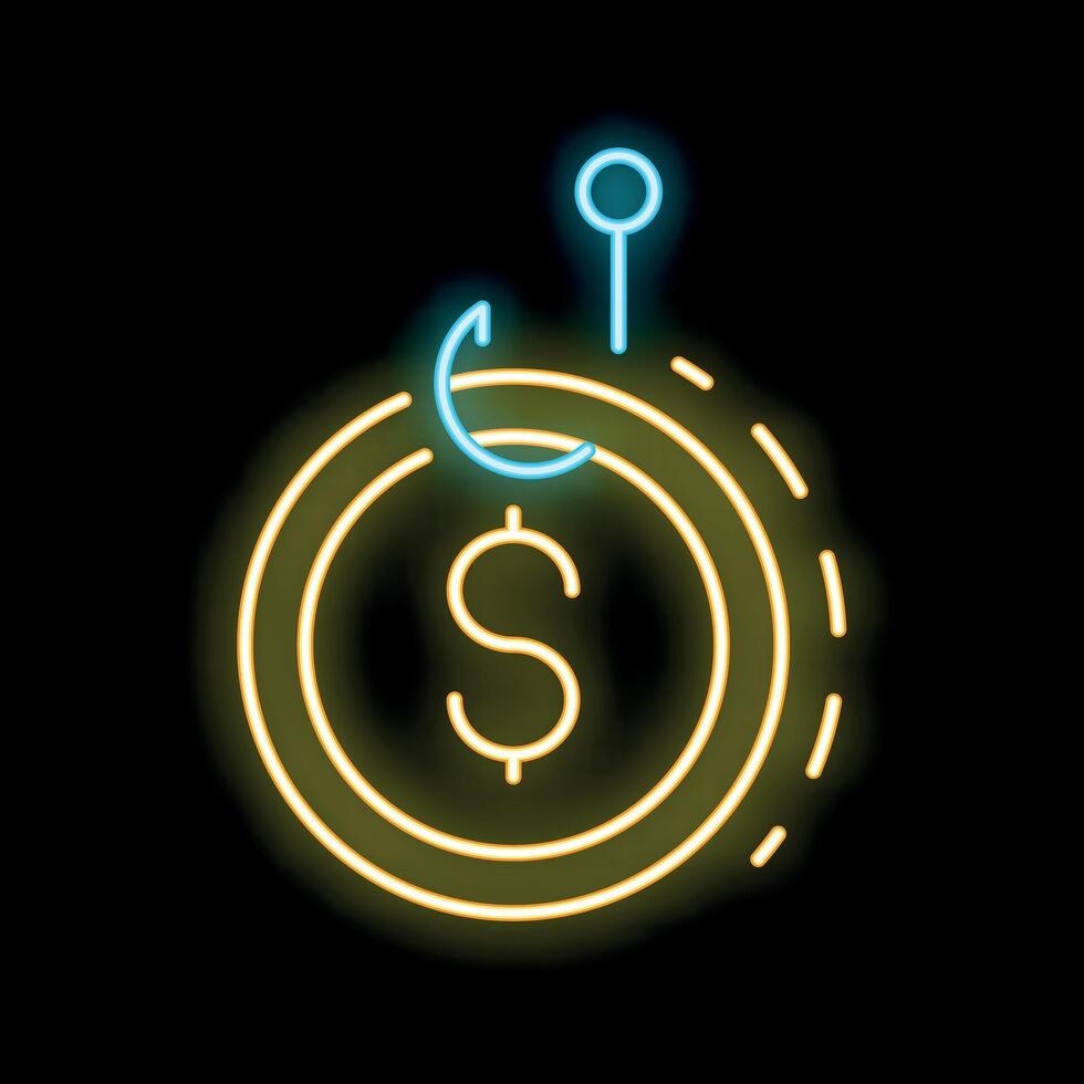 Neon sign representing a fishing hook catching a dollar coin vector